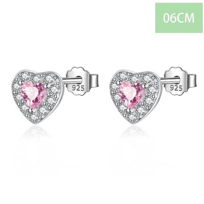 TrustDavis 925 Silver Pink Love Heart CZ Stud Earrings Gift for Lady DS3828