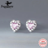 TrustDavis 925 Silver Pink Love Heart CZ Stud Earrings Gift for Lady DS3828