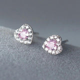 TrustDavis 925 Silver Pink Love Heart CZ Stud Earrings Gift for Lady DS3828