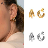 925 Silver Vintage C Shape Earrings Triple Open Circle Stud Jewelry