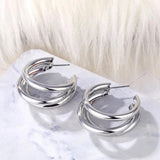 925 Silver Vintage C Shape Earrings Triple Open Circle Stud Jewelry