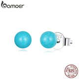925 Silver Turquoise Stud Earrings Women Fine Jewelry Beads Piercing