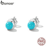 925 Silver Turquoise Stud Earrings Women Fine Jewelry Beads Piercing