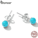 925 Silver Turquoise Stud Earrings Women Fine Jewelry Beads Piercing