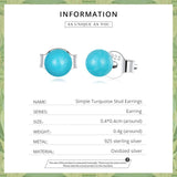 925 Silver Turquoise Stud Earrings Women Fine Jewelry Beads Piercing