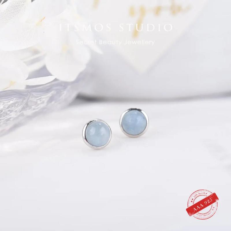 Aquamarine Round Earrings Rose Quartz Studs 925 Silver Women Gift