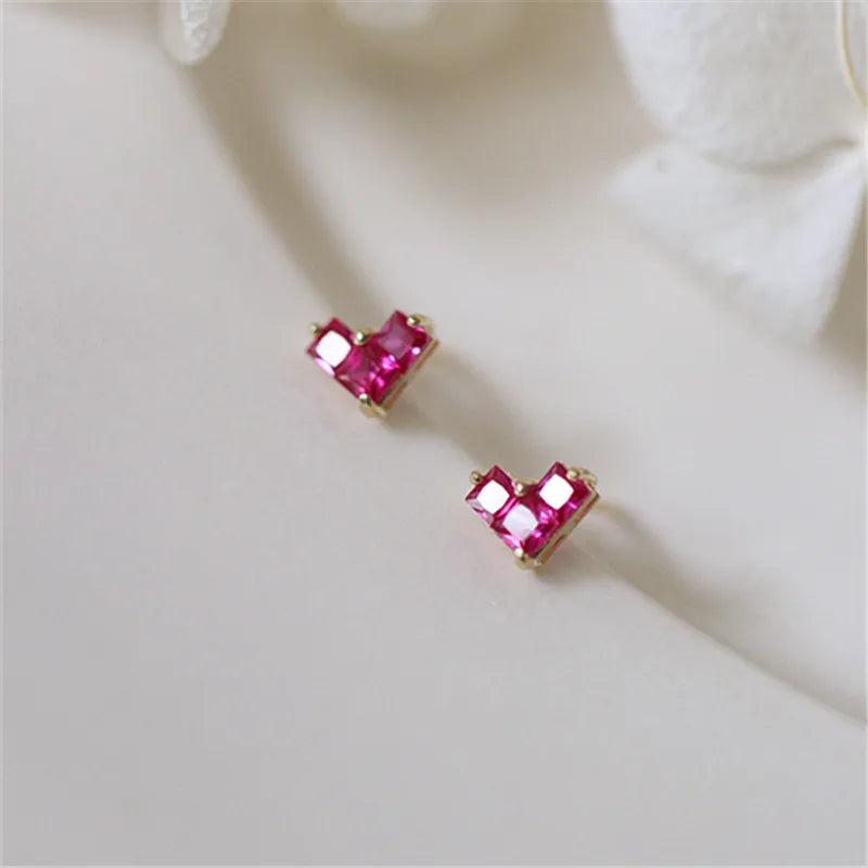 925 Silver Red Zircon Heart Stud Earrings Women Wedding Jewelry Gift