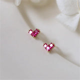 925 Silver Red Zircon Heart Stud Earrings Women Wedding Jewelry Gift
