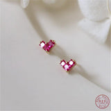 925 Silver Red Zircon Heart Stud Earrings Women Wedding Jewelry Gift