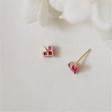 925 Silver Red Zircon Heart Stud Earrings Women Wedding Jewelry Gift
