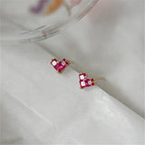 925 Silver Red Zircon Heart Stud Earrings Women Wedding Jewelry Gift