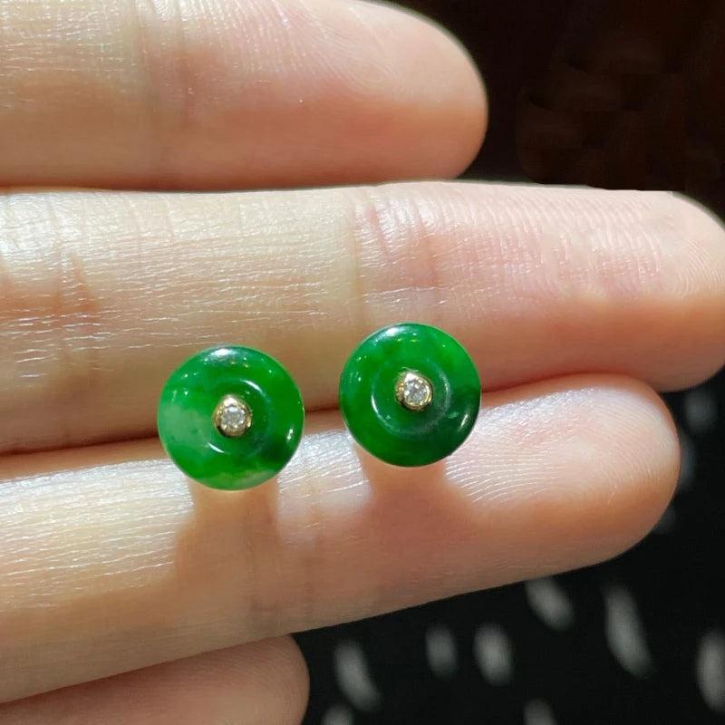Hotan Jade Green Round Stud Earrings Vintage Silver Inlaid