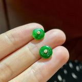 Hotan Jade Green Round Stud Earrings Vintage Silver Inlaid