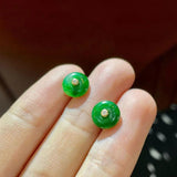 Hotan Jade Green Round Stud Earrings Vintage Silver Inlaid