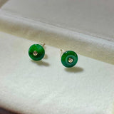 Hotan Jade Green Round Stud Earrings Vintage Silver Inlaid