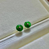 Hotan Jade Green Round Stud Earrings Vintage Silver Inlaid