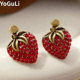 925 Silver Strawberry Earrings Red Crystal Studs for Women