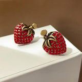 925 Silver Strawberry Earrings Red Crystal Studs for Women