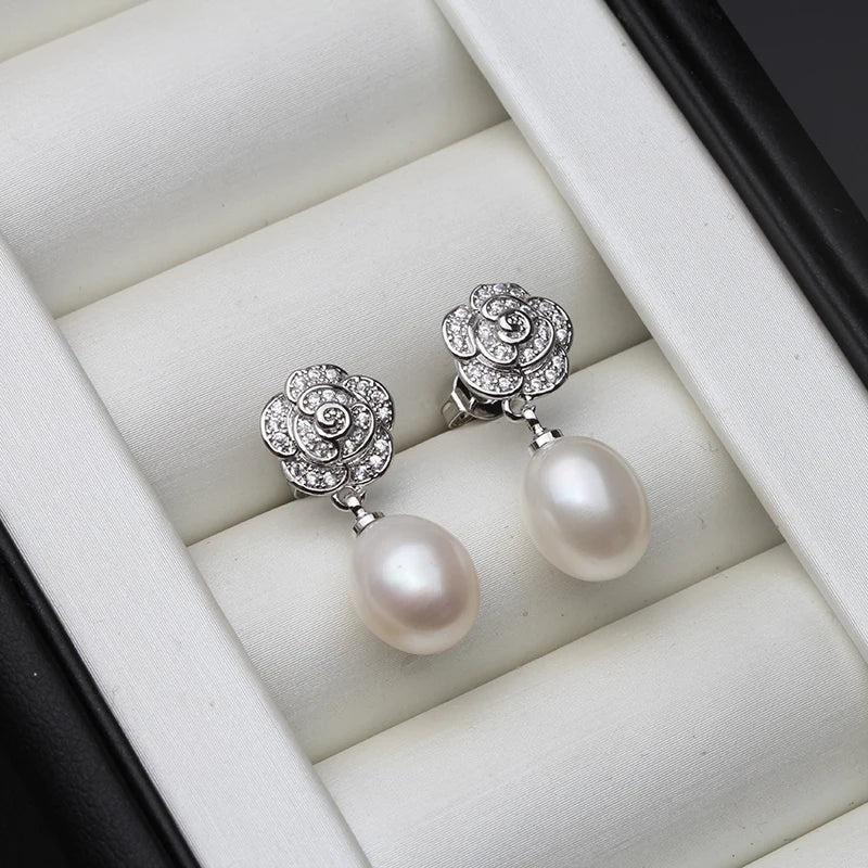 925 Silver Flower Pearl Earrings Purple
