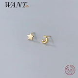 925 Silver Mini Star Moon Stud Earrings Women Youth Gift
