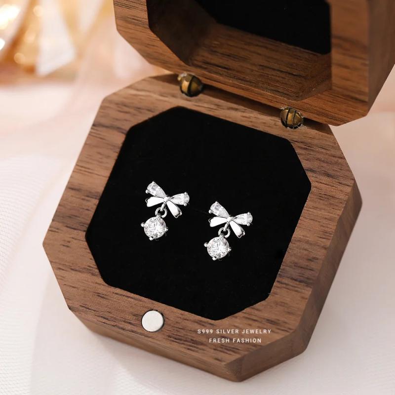 925 Silver Zircon Bow Stud Earrings Romantic Wedding Jewelry