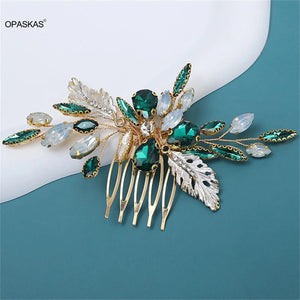 Green Crystal Leaf Hair Comb Wedding Hairpin Tiara Noiva Hair Jewelry