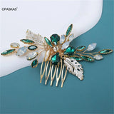 Green Crystal Leaf Hair Comb Wedding Hairpin Tiara Noiva Hair Jewelry