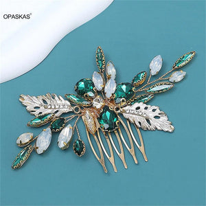 Green Crystal Leaf Hair Comb Wedding Hairpin Tiara Noiva Hair Jewelry