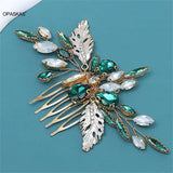 Green Crystal Leaf Hair Comb Wedding Hairpin Tiara Noiva Hair Jewelry