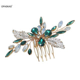 Green Crystal Leaf Hair Comb Wedding Hairpin Tiara Noiva Hair Jewelry