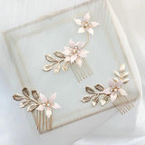 Pink Enamel Flowers Bridal Hair Comb Leaf Wedding Headpiece