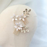 Pink Enamel Flowers Bridal Hair Comb Leaf Wedding Headpiece