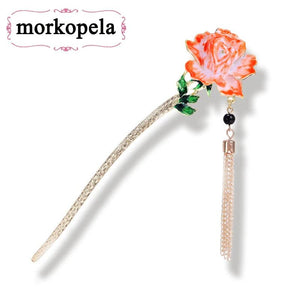 Rose Flower Enamel Hairpin Charm Hair Stick Women Banquet Hair Sticks