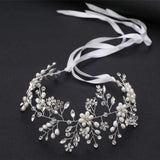 Pearl Rhinestone Flower Wedding Headband Ribbon Hair Jewelry for Women