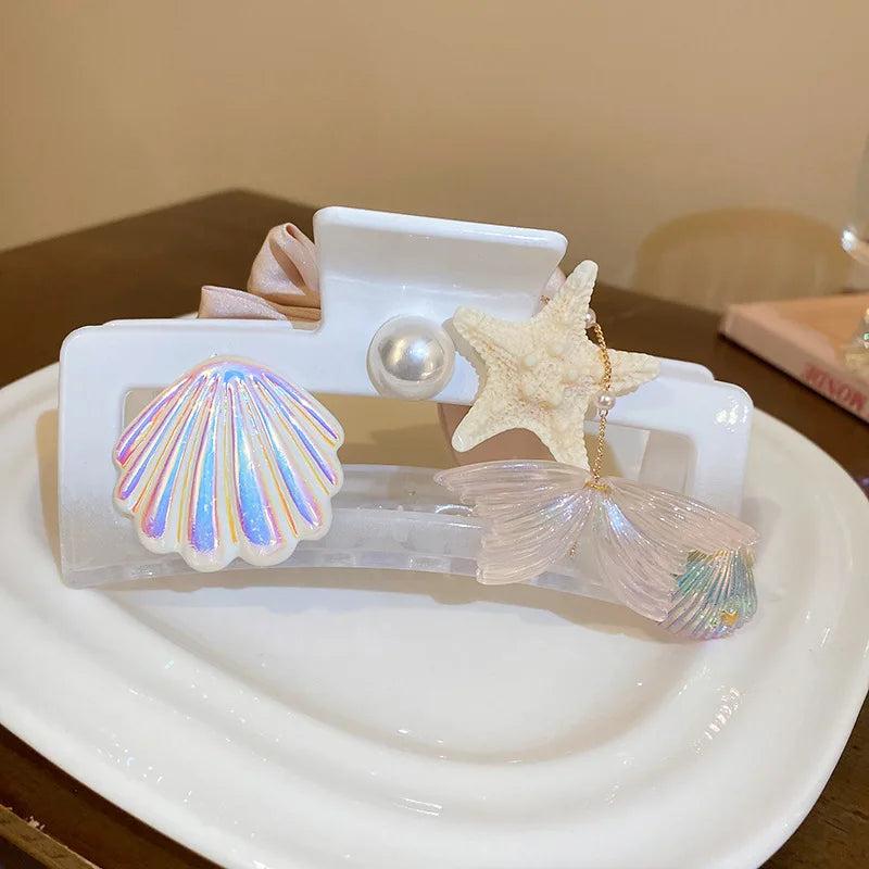 Starfish Pearl Bow Hair Clip Women Shark Claw Wedding Party Accessory