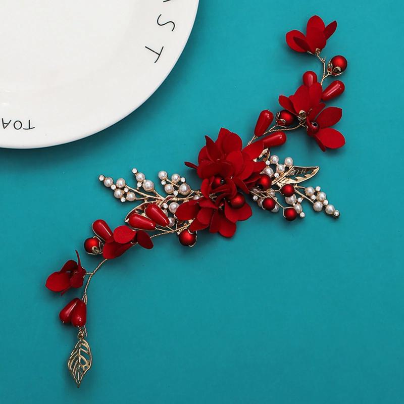 Red Flower Headband Metal Leaf Headdress for Bride Hair