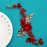 Red Flower Headband Metal Leaf Headdress for Bride Hair