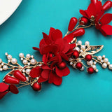 Red Flower Headband Metal Leaf Headdress for Bride Hair