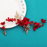 Red Flower Headband Metal Leaf Headdress for Bride Hair