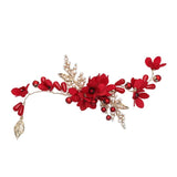 Red Flower Headband Metal Leaf Headdress for Bride Hair