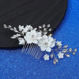 Ceramic Flower Hair Combs Rhinestone Leaf Hairpins