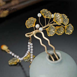 Yellow Leaf Hair Sticks Pearls Pendant Hair Pins for Women