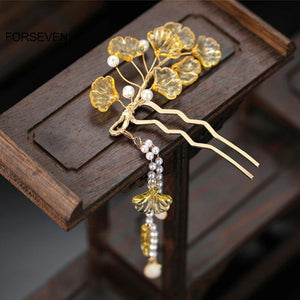 Yellow Leaf Hair Sticks Pearls Pendant Hair Pins for Women
