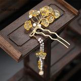 Yellow Leaf Hair Sticks Pearls Pendant Hair Pins for Women