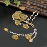 Yellow Leaf Hair Sticks Pearls Pendant Hair Pins for Women