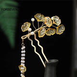 Yellow Leaf Hair Sticks Pearls Pendant Hair Pins for Women