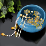 Yellow Leaf Hair Sticks Pearls Pendant Hair Pins for Women