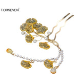 Yellow Leaf Hair Sticks Pearls Pendant Hair Pins for Women