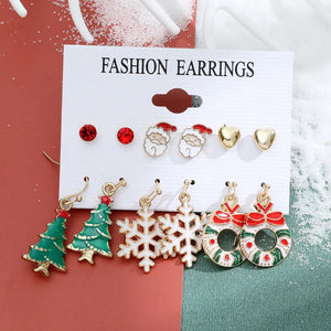 6 Pairs Stud Earrings Sets Snowflake Bells Gift Jewelry Christmas Gift