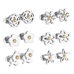 6pairs Silver Flower Ball Piercing Stud Earrings Set for Women